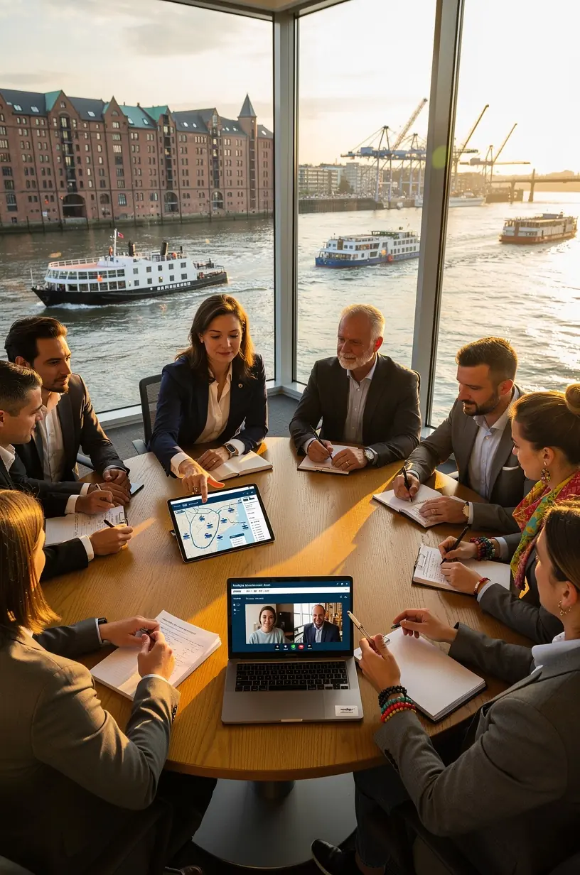 Mitarbeiter unterstützen Kunden bei der individuellen Zusammenstellung von Reisepaketen entlang deutscher Flüsse.